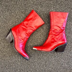 Zara Red Leather Healed Cowboy Boots